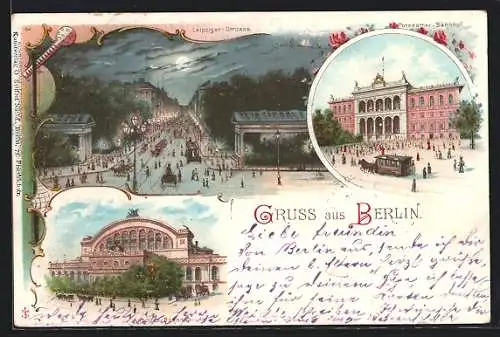 Lithographie Berlin, Leipziger Strasse, Anhalter Bahnhof und Potsdamer Bahnhof