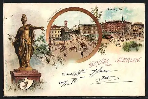 Lithographie Berlin, das Grand Hotel, Strassenbahnen auf der Königsstrasse