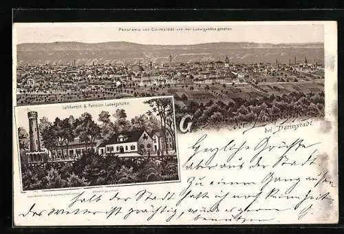 Lithographie Darmstadt, Panorama von der Ludwigshöhe gesehen, Gasthaus-Pension Ludwigshöhe