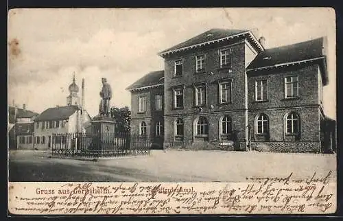 AK Gernsheim, Schöfferdenkmal mit Kirche und weiterem Gebäude