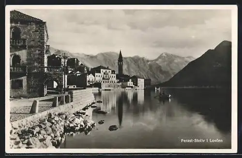 AK Perast-Stoliv, Teilansicht der Ortschaft mit Lovcen