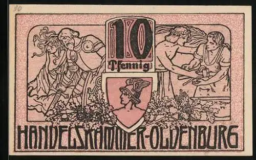 Notgeld Oldenburg i. O. 1918, 10 Pfennig, Eichenlaub, Ritter mit Schwert und Mann mit Werkzeug