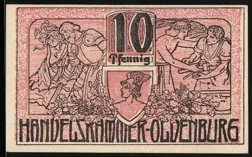 Notgeld Oldenburg i. O. 1918, 10 Pfennig, Eichenlaub, Ritter mit Schwert und Mann mit Werkzeug