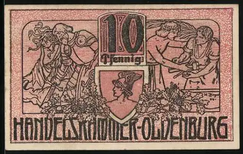 Notgeld Oldenburg i. O. 1918, 10 Pfennig, Eichenlaub, Ritter mit Schwert und Mann mit Werkzeug