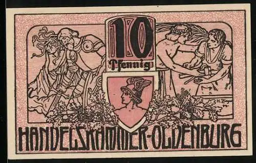 Notgeld Oldenburg i. O. 1918, 10 Pfennig, Eichenlaub, Ritter mit Schwert und Mann mit Werkzeug