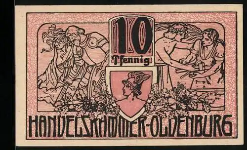 Notgeld Oldenburg i. O. 1918, 10 Pfennig, Eichenlaub, Ritter mit Schwert und Mann mit Werkzeug