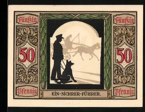 Notgeld Oldenburg i. O. 1921, 50 Pfennig, Blindenhund hilft dem Mann über die Strasse