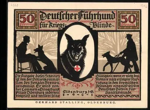 Notgeld Oldenburg i. O. 1921, 50 Pfennig, Mann mit Blindenhund unterwegs