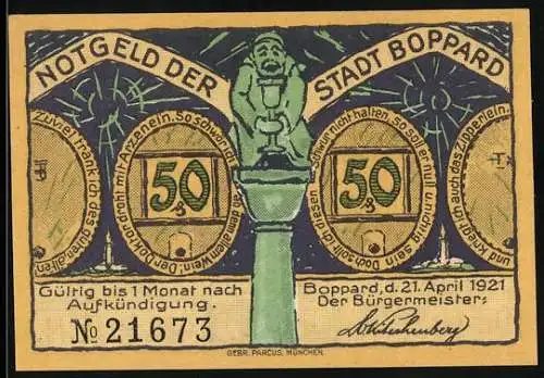 Notgeld Boppard 1921, 50 Pfennig, Statue Mann mit Weinglas, Menschen beim Wein und Reben