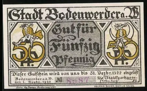 Notgeld Bodenwerder a. W. 1920, 50 Pfennig, Münchhausen zieht sich selbst aus dem Sumpf heraus, Wappen