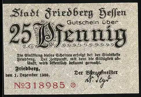 Notgeld Friedberg /Hessen 1920, 25 Pfennig, Stadtmauer mit Turm, Gutschein