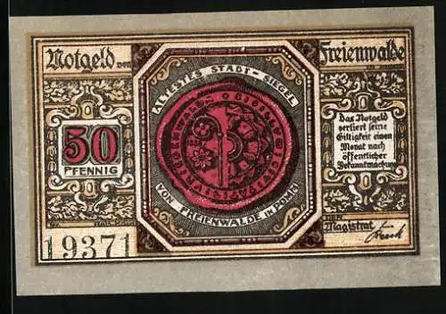 Notgeld Freienwalde i. Pomm., 50 Pfennig, Stadtsiegel und Putto arrangiert ein Blumenbukett