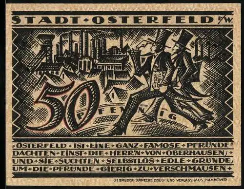 Notgeld Osterfeld i. W., 50 Pfennig, Herrn von Oberhausen auf dem Weg zu den Fabriken, Bergwerksarbeiter