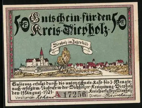 Notgeld Diepholz 1921, 50 Pfennig, Diepholz im Jahre 1621, Auburg bei Wagenfeld im Jahre 1654, Gutschein