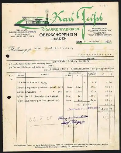 Rechnung Oberschopfheim i. Baden 1924, Karl Feisst, Cigarrenfabriken, Zigarrenschatulle und ein Aschenbecher mit Kerze