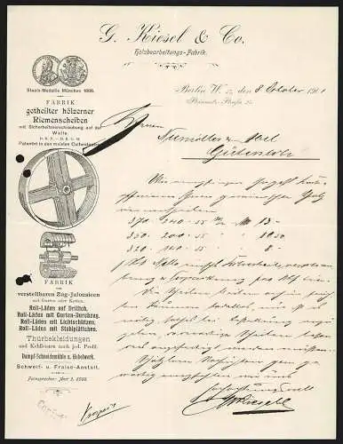 Rechnung Berlin 1901, G. Riesel & Co., Holzbearbeitungs-Fabrik, Ansicht eines Speichenrades, Preis-Medaillen