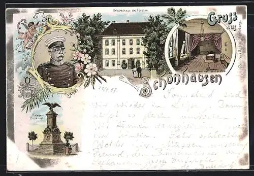 Lithographie Schönhausen / Elbe, Geburtshaus des Fürsten Otto von Bismarck, Geburtszimmer, Kriegerdenkmal, Porträt