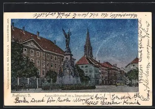 Luna-AK Freiburg i. B., Kaiser-Wilhelm-Platz mit Siegesdenkmal und Strassenbahn