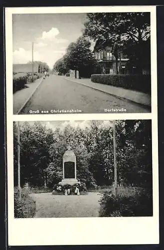 AK Christiansholm, Kriegerdenkmal, Blick in die Dorfstrasse