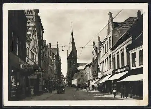 AK Flensburg, Restaurant zur Börse, Herren-Moden und Café Delfs in der grossen Strasse