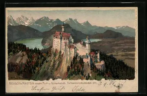 Künstler-Lithographie Zeno Diemer: Neuschwanstein, Blick gegen Alp- und Schwansee, Thanheimergebirge