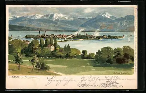 Künstler-AK Zeno Diemer: Lindau im Bodensee, Blick über den Ort, Eisenbahn