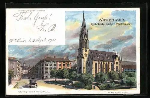 Lithographie Winterthur, Katholische Kirche und Wartstrasse, um 1900