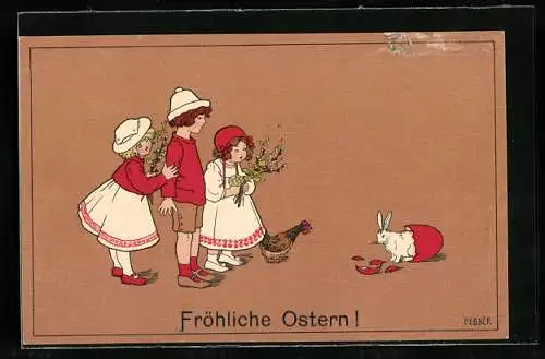 Künstler-AK Pauli Ebner: Kinder mit Osterhase