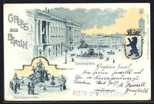 Lithographie Berlin, Schlossplatz, Schlossbrunnen