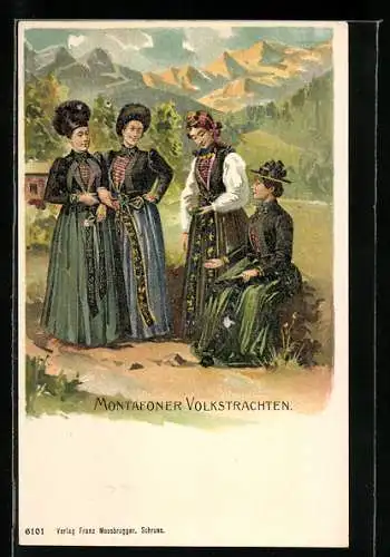 Lithographie Junge Frauen in Montafoner Volkstracht