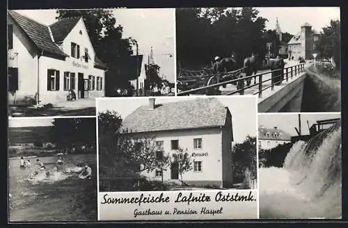 AK Lafnitz /Oststmk., Gasthaus und Pension Haspel, Freibad, Brücke