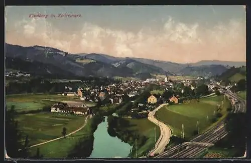 AK Kindberg, Ortspartie am Fluss aus der Vogelschau