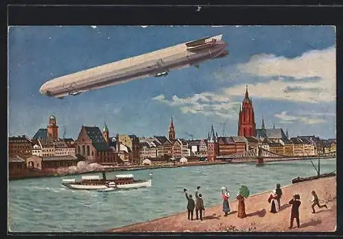 AK Zeppelin / Luftschiff über einer Stadt