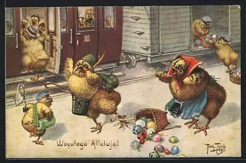 Künstler-AK Arthur Thiele: Joyeuses Pâques, aufgeregte Osterküken am Bahnhof