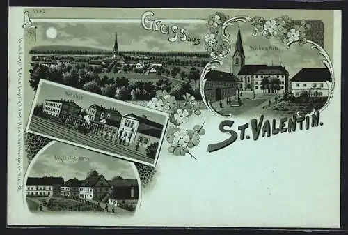 Mondschein-Lithographie St. Valentin, Bahnhof, Bahnhofstrasse, Kirche & Platz