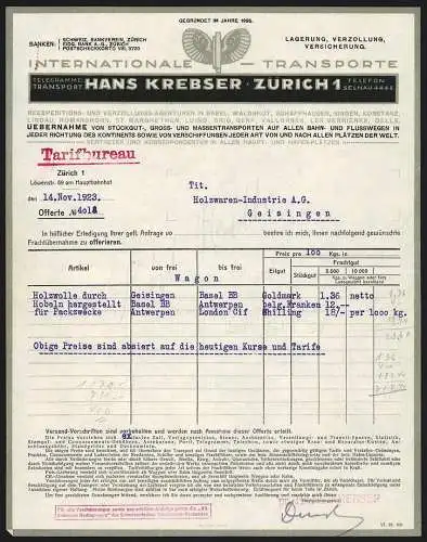 Rechnung Zürich 1923, Hans Krebser, Internationale Transporte, Firmenlogo