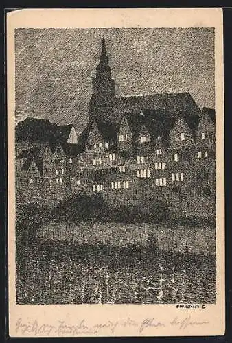 Künstler-AK Tübingen, Blick zur Stiftkirche bei Nacht