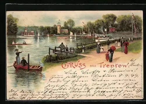 Lithographie Berlin-Treptow, Etablissement Paradies-Garten, Dampfer, Ruderboote