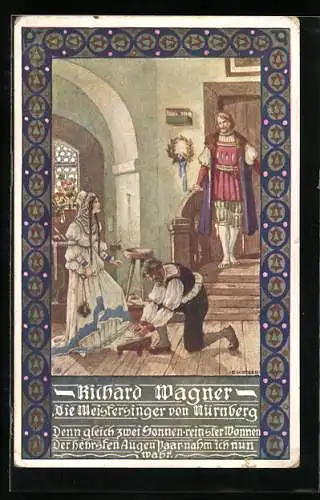 Künstler-AK Ernst Kutzer: Die Meistersinger von Nürnberg von Richard Wagner, Schumacher passt der Dame die Schuhe an