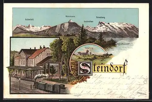 Lithographie Strasswalchen, Steindorf, Bahnhof mit Eisenbahn, Totalansicht mit Berglandschaft