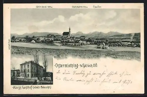 Künstler-AK Ostermiething a. Salzach, Königs Gasthof, Gesamtansicht mit Untersberg u. Watzmann