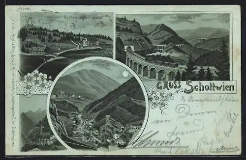 Mondschein-Lithographie Schottwien, Teilansicht und Mariaschutz, Sonnwendstein, Semmeringbahn