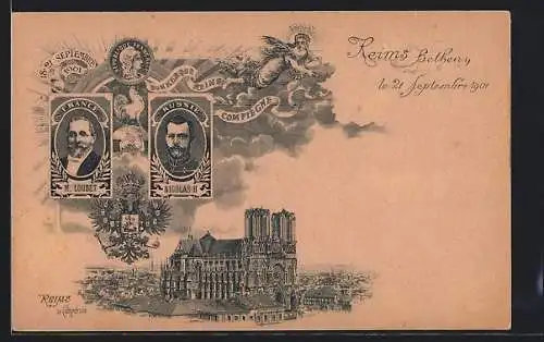 Lithographie Reims, Zar Nikolaus II. von Russland, Kathedrale