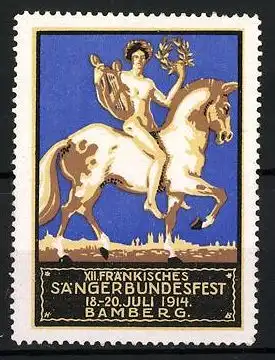 Reklamemarke Bamberg, XII. Fränkisches Sängerbundesfest 1914, nackter Sänger mit Lyra auf Pferd