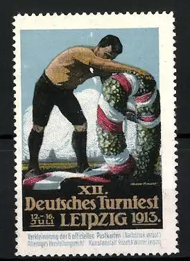 Reklamemarke Leipzig, XII. Deutsches Turnfest 1913, Sportler mit Siegerkranz