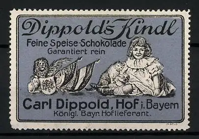 Reklamemarke Dippold's Kindl - feinste Speise-Schokolade, Carl Dippold, Hof i. B., Mädchen mit Katze