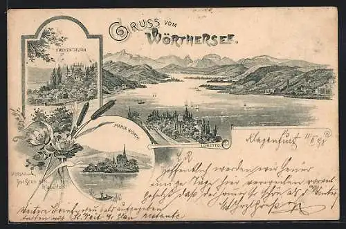 Lithographie Maria Wörth, Freyenthurn am Wörthersee, Loretto aus der Vogelschau