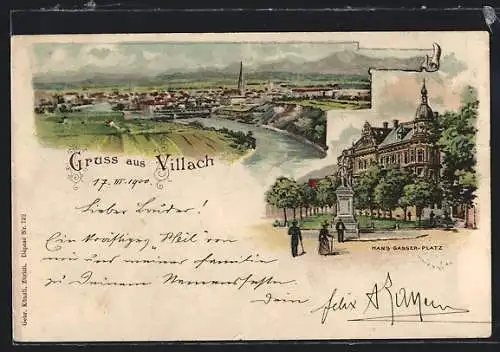 Lithographie Villach, Teilansicht, Hans Gasser-Platz