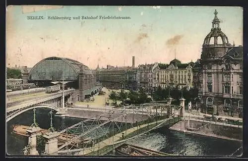 AK Berlin, Schlütersteg und Bahnhof Friedrichstrasse