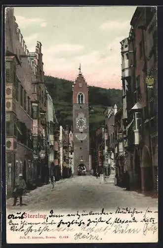 AK Sterzing, Strassenansicht mit Uhrenturm